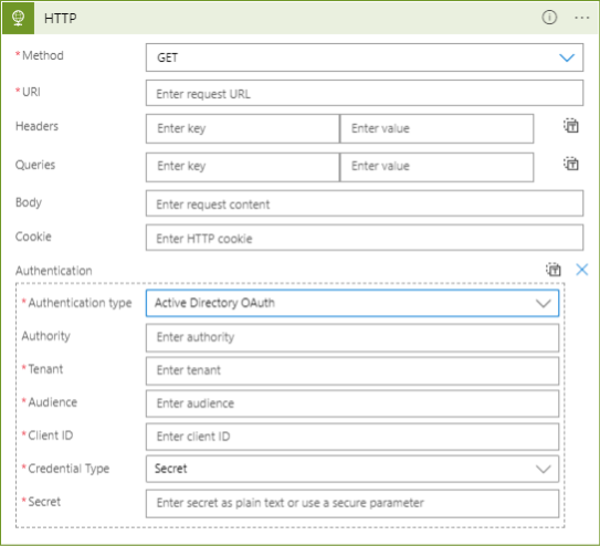 HTTP Request action in the Logic App designer, with “Authentication” enabled